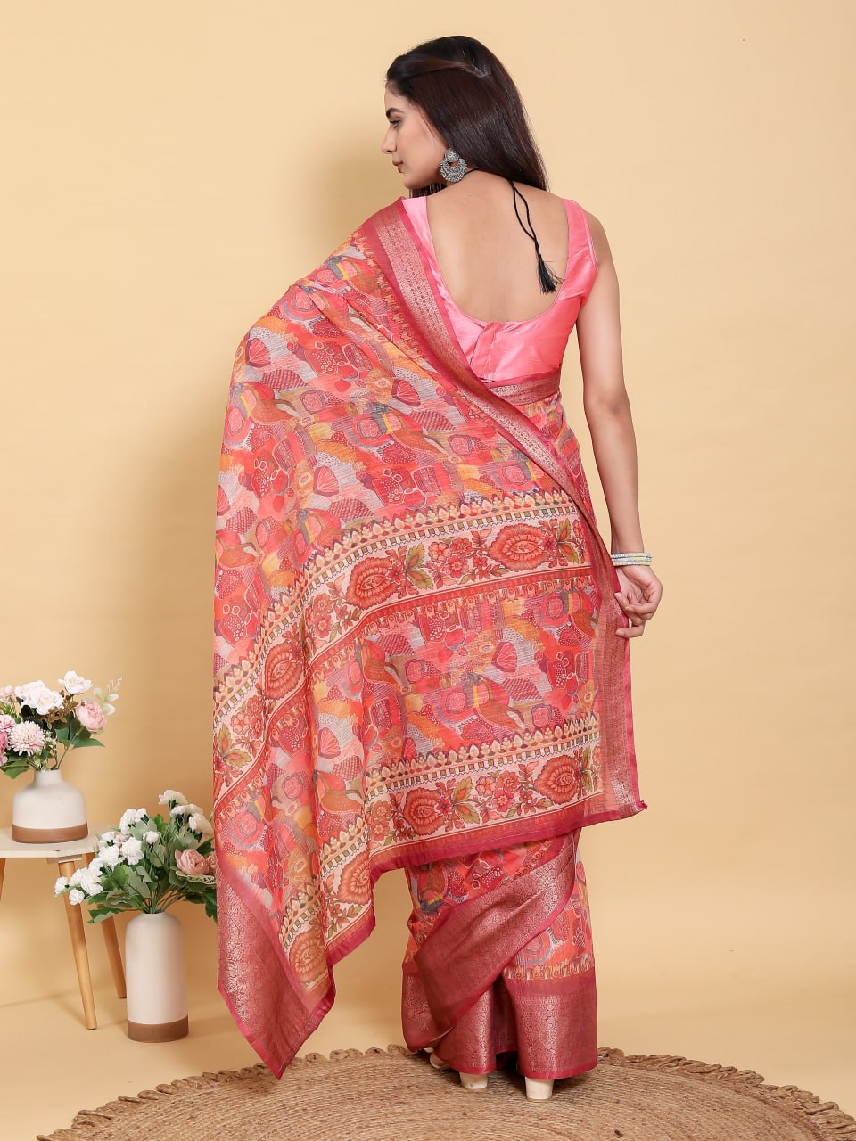 Bold Red Linen Cotton Saree | Folk Art & Geometric Jacquard Print ✨
